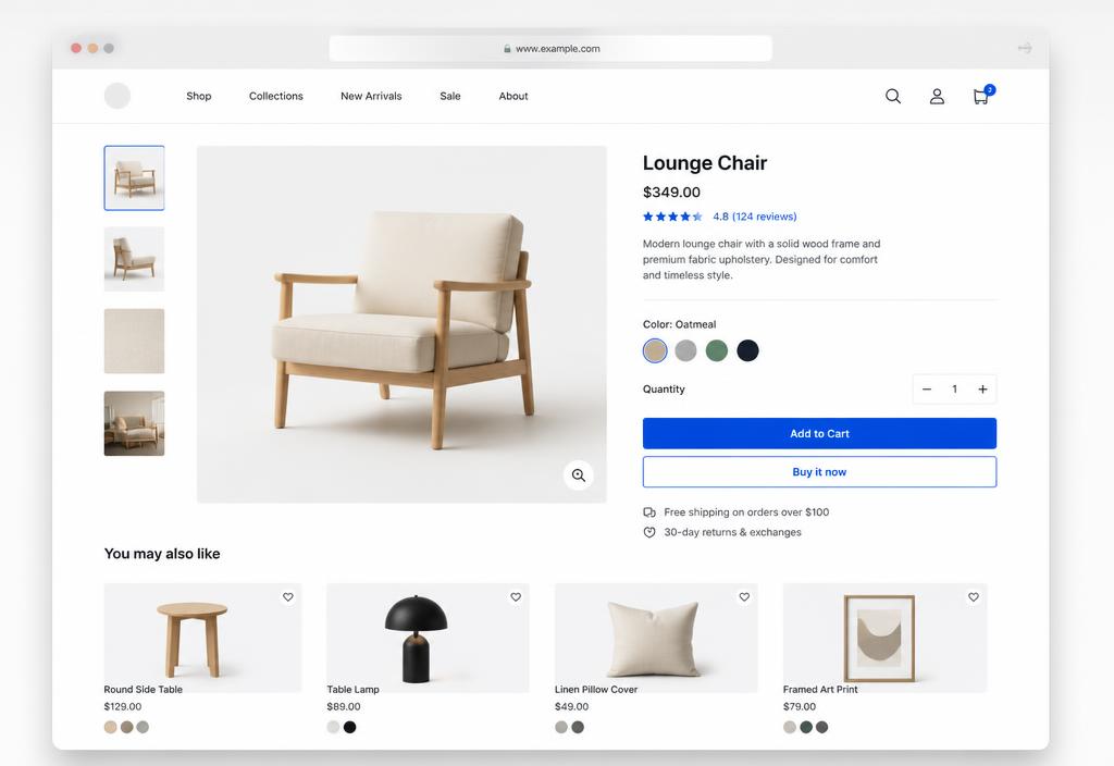 Produktseite eines Shopify Stores mit klarer Struktur, Varianten-Auswahl und Kaufbereich